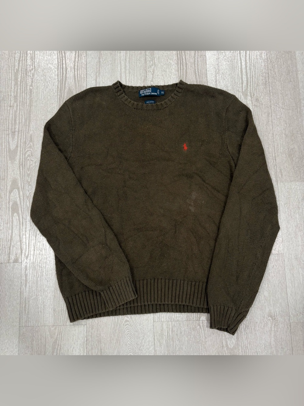 Vintage Polo Ralph Lauren Brown Knit Crewneck Sweater Red Pony Size XL
